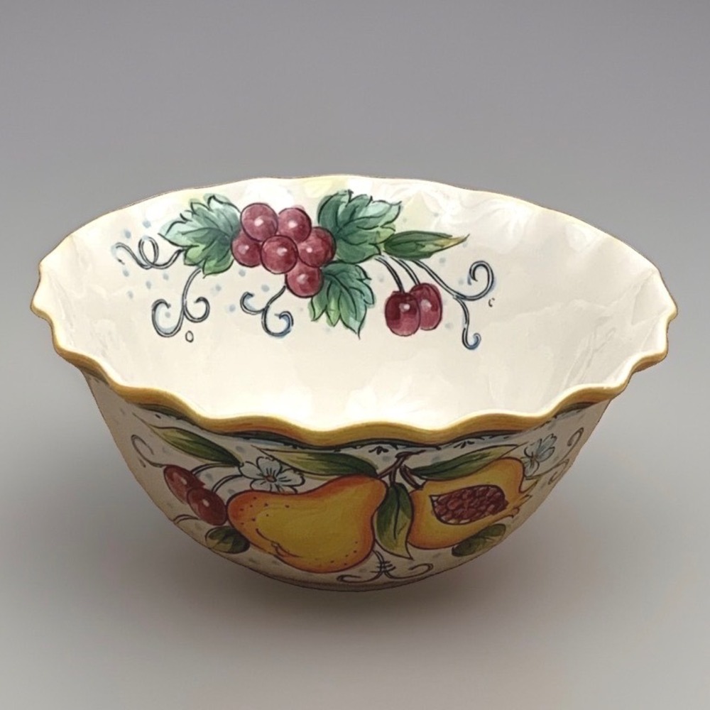 Maxcera Fruttiera Fruit Bowl Scalloped Rim Hand Painted Pears Grapes Ceramic VTG